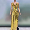 Sparkly Gold Sequined Sexy Strapless Slit
