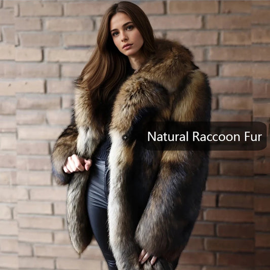 Real Raccoon Fur Coat With English Collar Natural Full Skin Coats