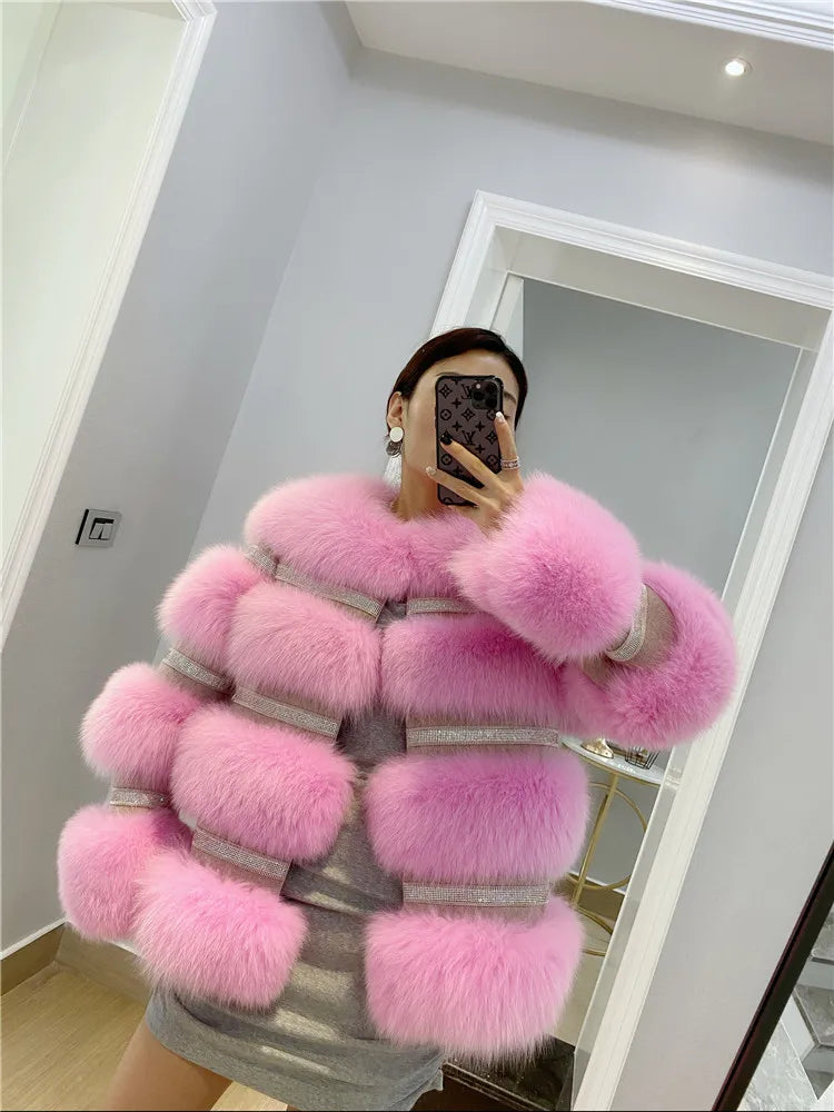 Fox Fur Coat Female Winter Diamond Beading Fox Fur Parkas With Sheep Leather Jacket