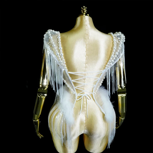 White Feather Stage Pearl Lingeries Set