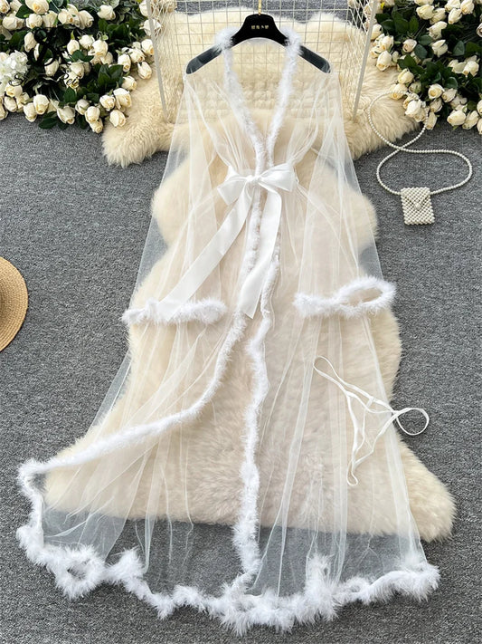 SINGREINY Transparent Gauze Spliced Wool Long Robes Sleepwear