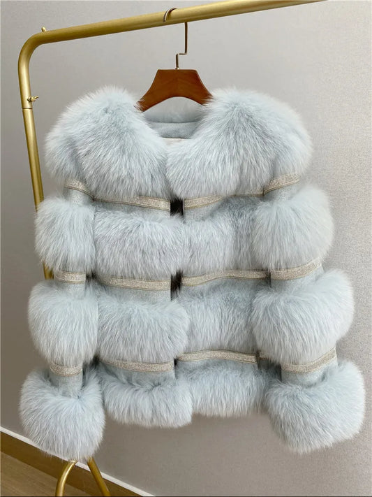 Fox Fur Coat Female Winter Diamond Beading Fox Fur Parkas With Sheep Leather Jacket