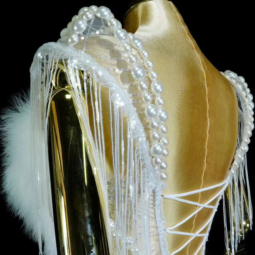 White Feather Stage Pearl Lingeries Set