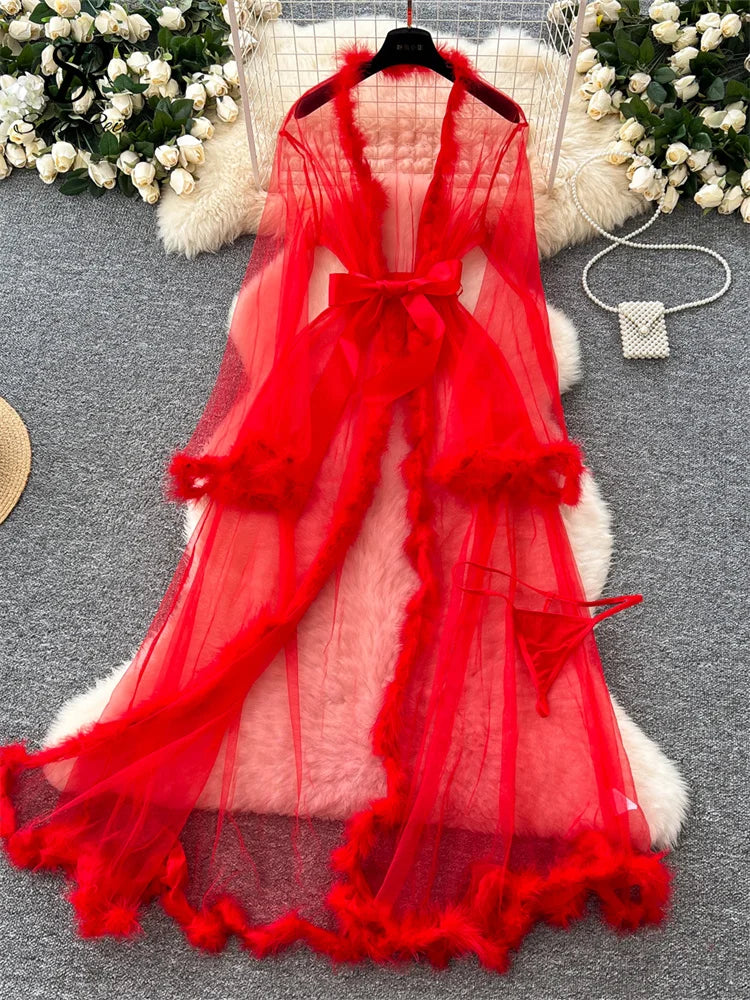 SINGREINY Transparent Gauze Spliced Wool Long Robes Sleepwear