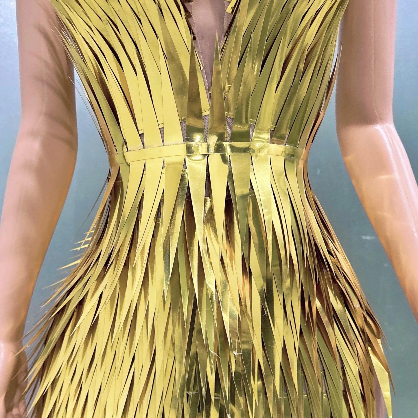 Unique Elegant High-Neck Crystal Mini Dress