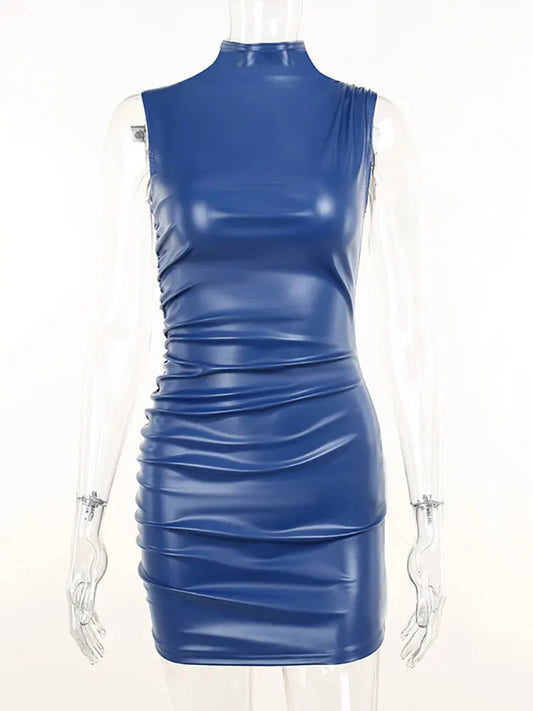 Sexy PU Leather Ruched Mini Dress