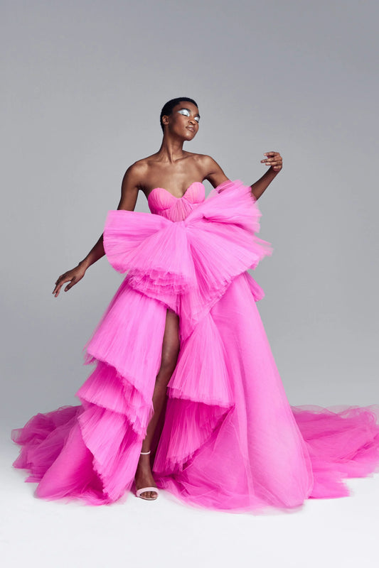 Fuchsia Ruffled Split A-Line Tulle Prom