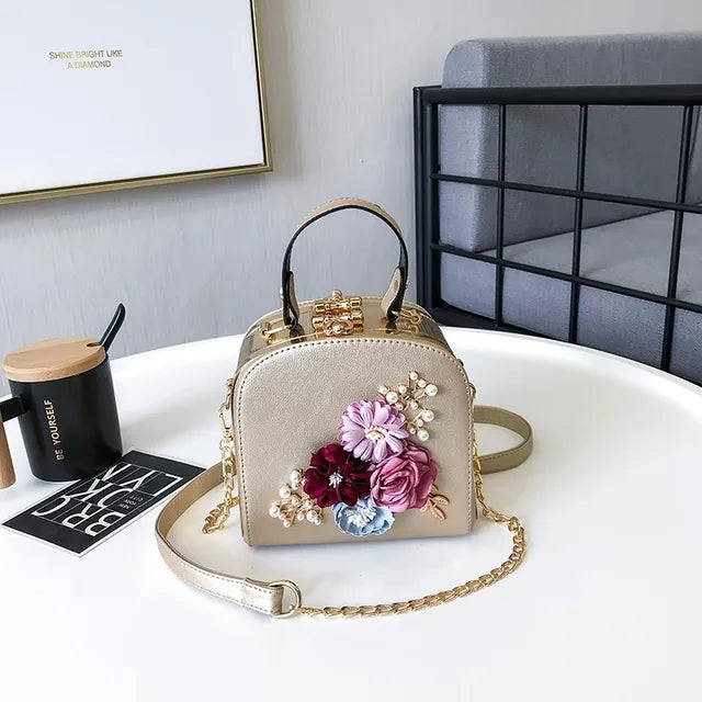 Metal Clip Square 3D Floral Vintage Handbag