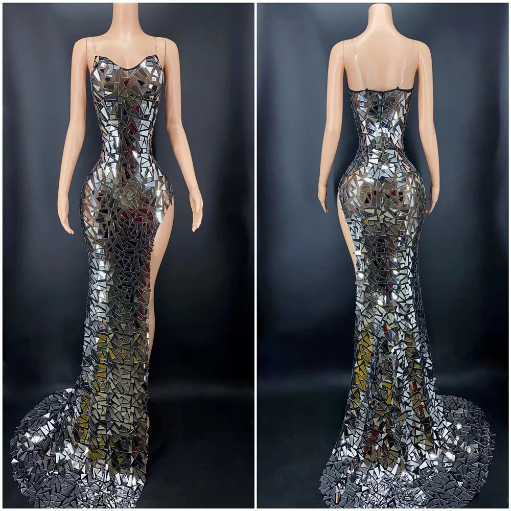 Luxurious Silver Mirrors Evening Sleeveless Dress