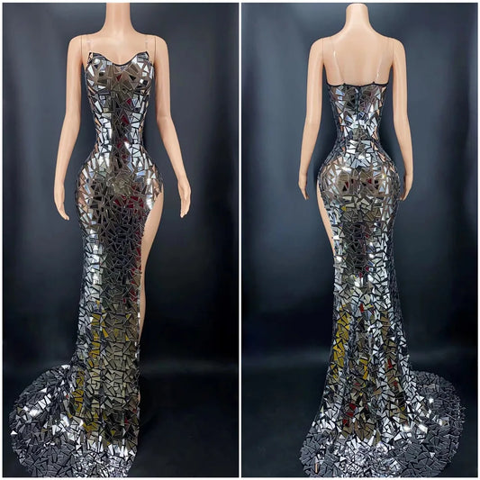Luxurious Silver Mirrors Evening Sleeveless Dress