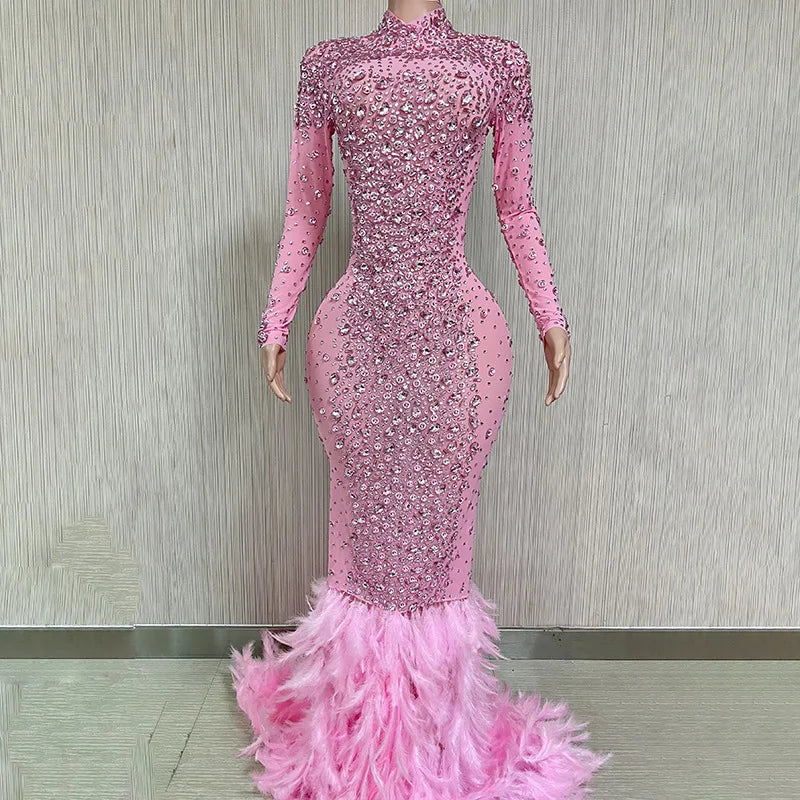 chinese dress ladies Faux Crystal Diamond Feather mermaid gown Dress – Dechen Couture main image 0