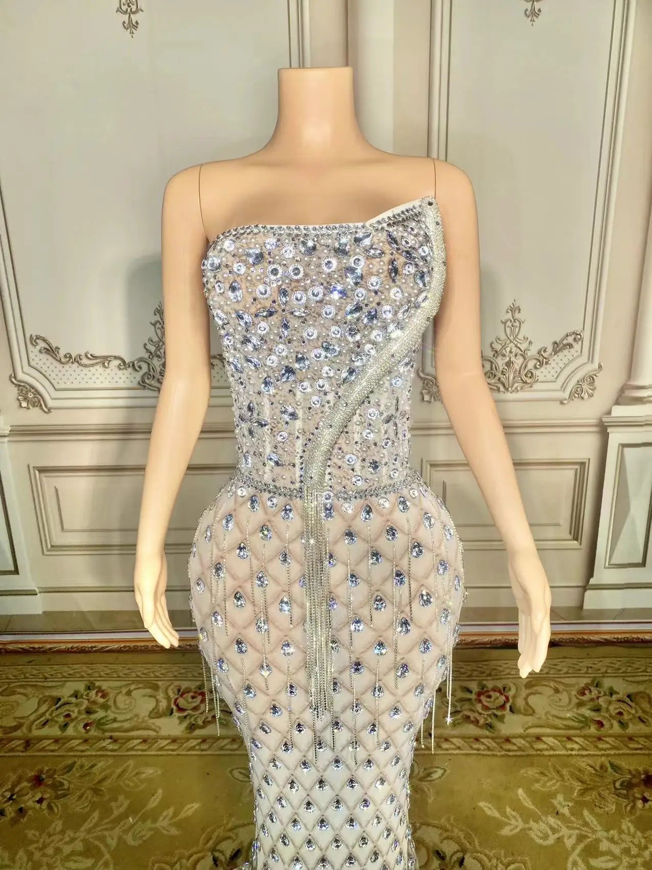 Women's Rhinestones crystals embellished snake décor Floor-length night evening gown party Dress