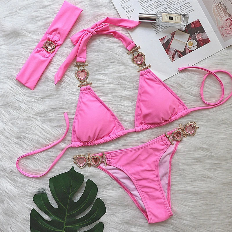 Halter tie rhinestone embellished heart Bikini