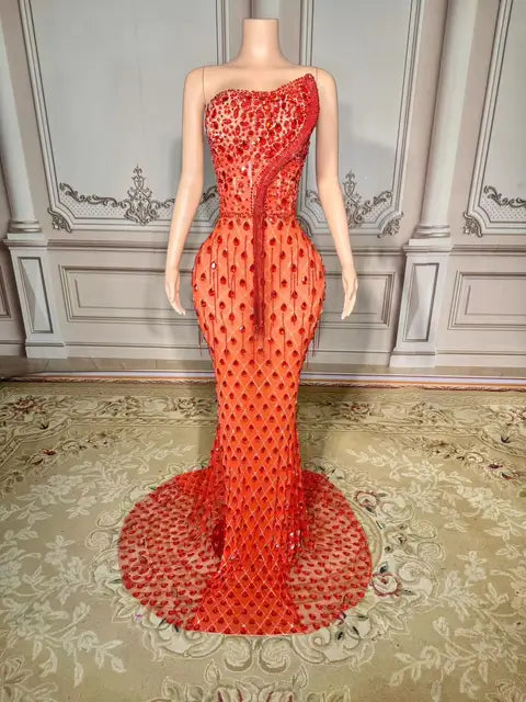 Women's Rhinestones crystals embellished snake décor Floor-length night evening gown party Dress