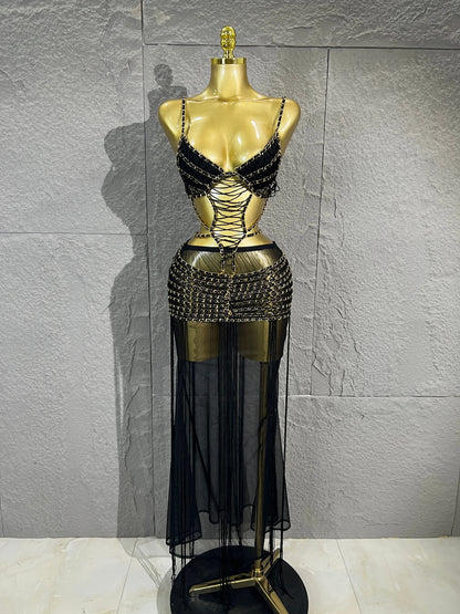Women Black Chain Tassel Mesh Two Piece