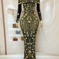 See Through mesh Golden glass embellished evening gown Dress