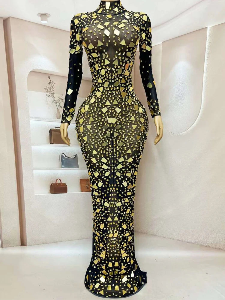 See Through mesh Golden glass embellished evening gown Dress