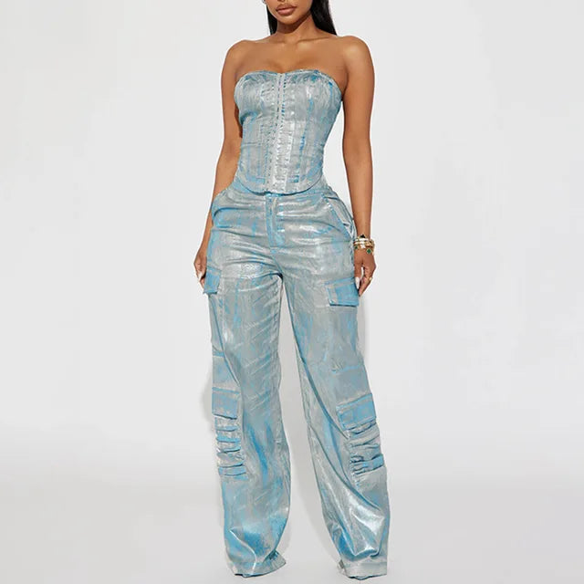 silver Coated two piece High Waisted Tube Denim