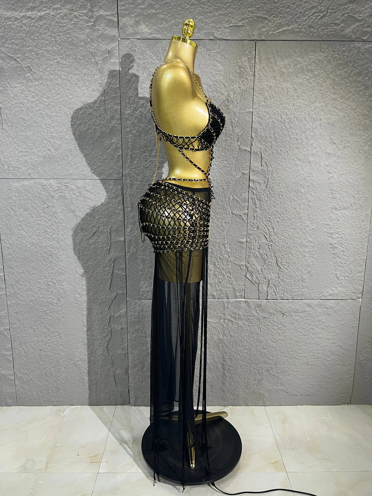 Women Black Chain Tassel Mesh Two Piece