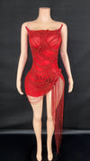 Sparkly Red Rhinestones Fringes Mesh Dress