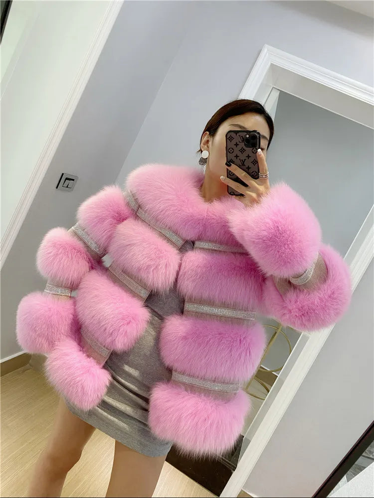 Fox Fur Coat Female Winter Diamond Beading Fox Fur Parkas With Sheep Leather Jacket