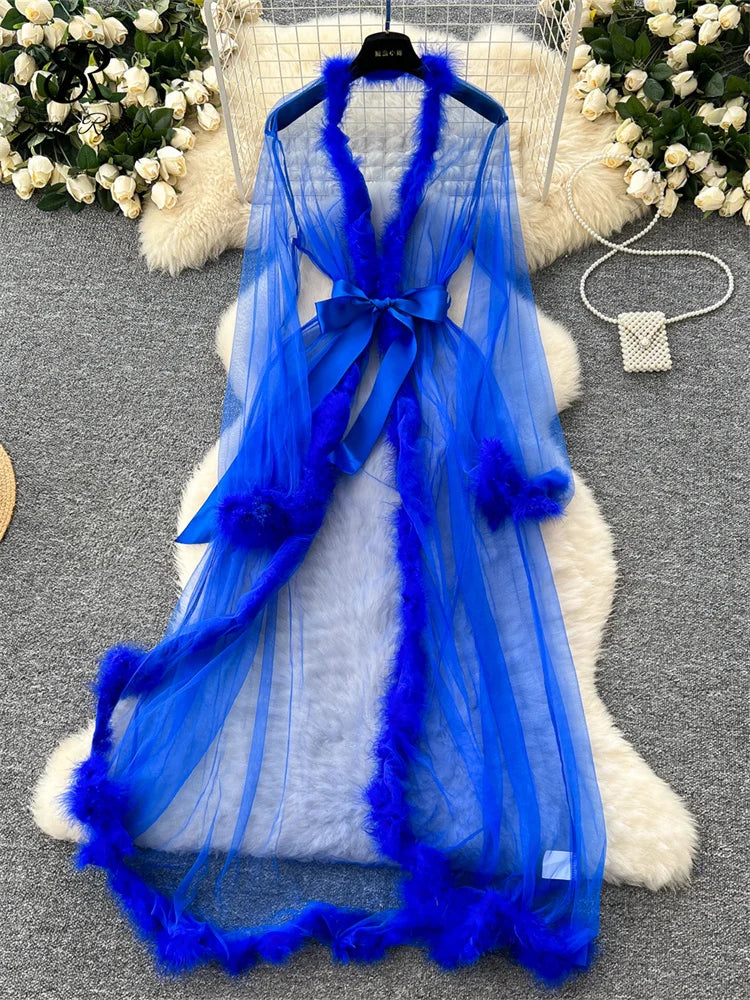 SINGREINY Transparent Gauze Spliced Wool Long Robes Sleepwear
