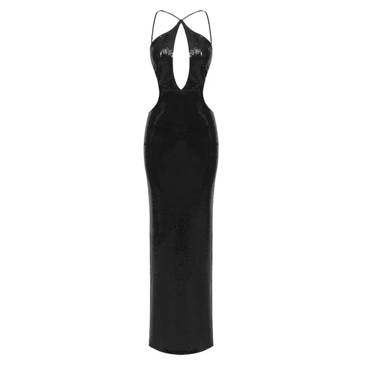 Black Sequin Halter Maxi Dress