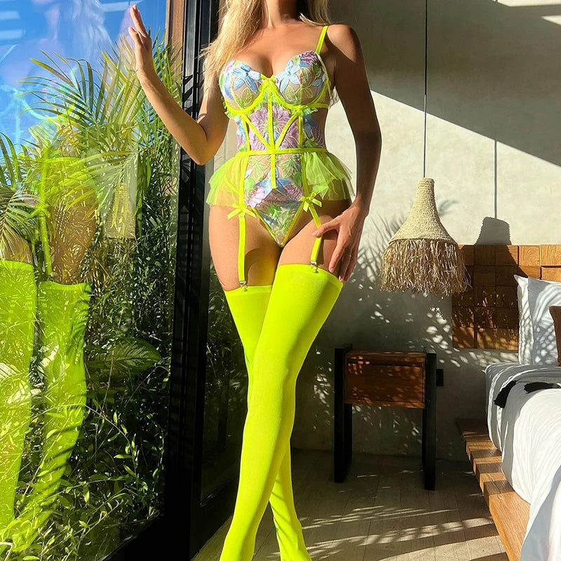Floral Embroidery Bodysuit  Lingerie Sets With Stocking