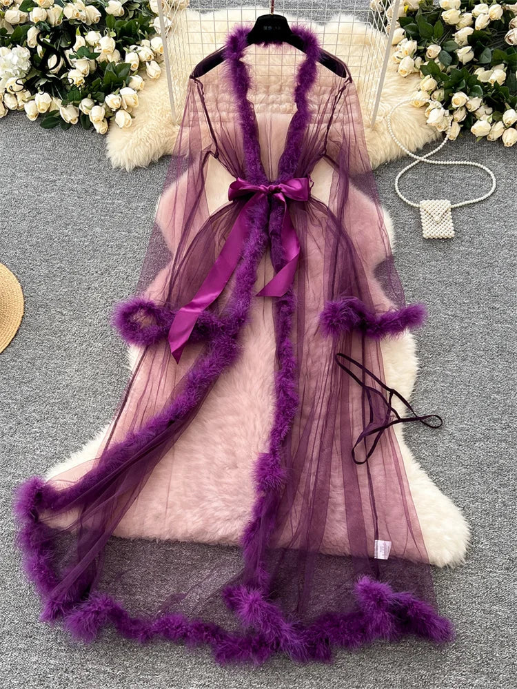 SINGREINY Transparent Gauze Spliced Wool Long Robes Sleepwear