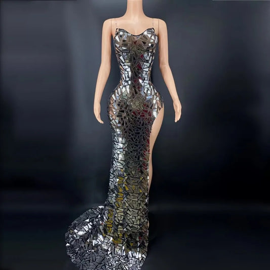 Luxurious Silver Mirrors Evening Sleeveless Dress