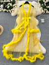 SINGREINY Transparent Gauze Spliced Wool Long Robes Sleepwear