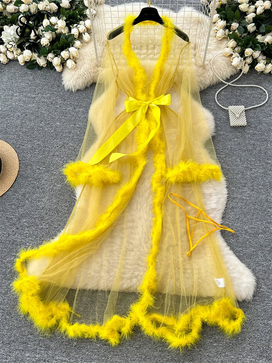 SINGREINY Transparent Gauze Spliced Wool Long Robes Sleepwear