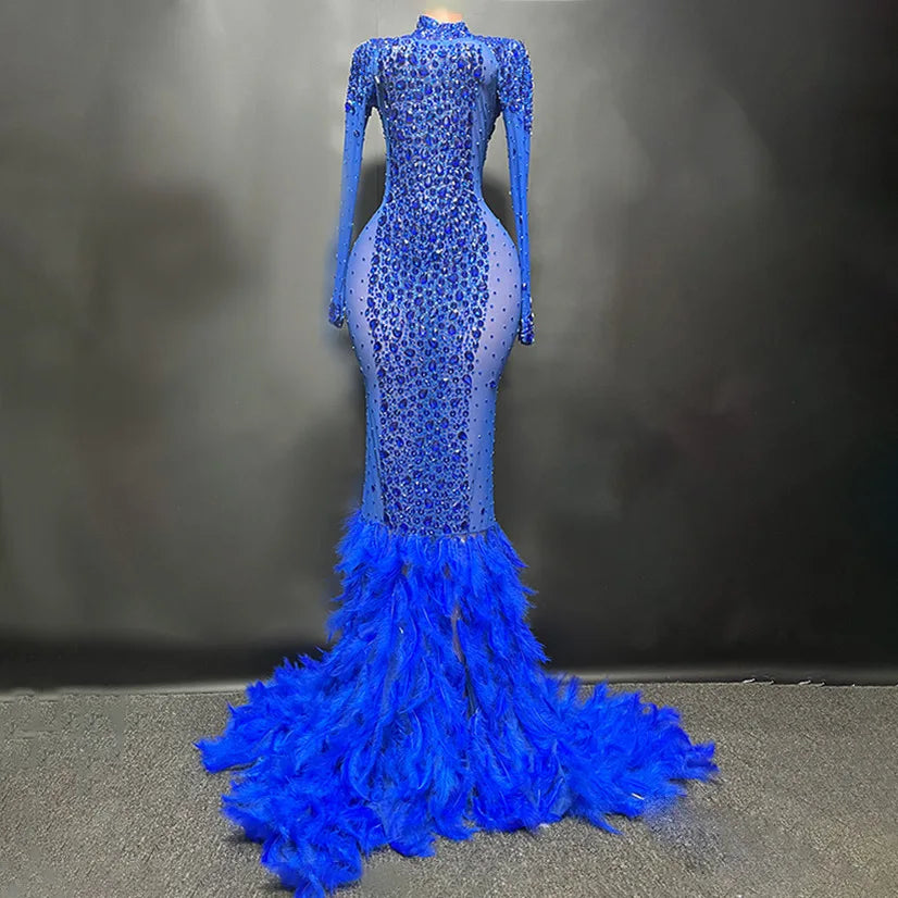 Faux Crystal Diamond Feather mermaid gown Dress