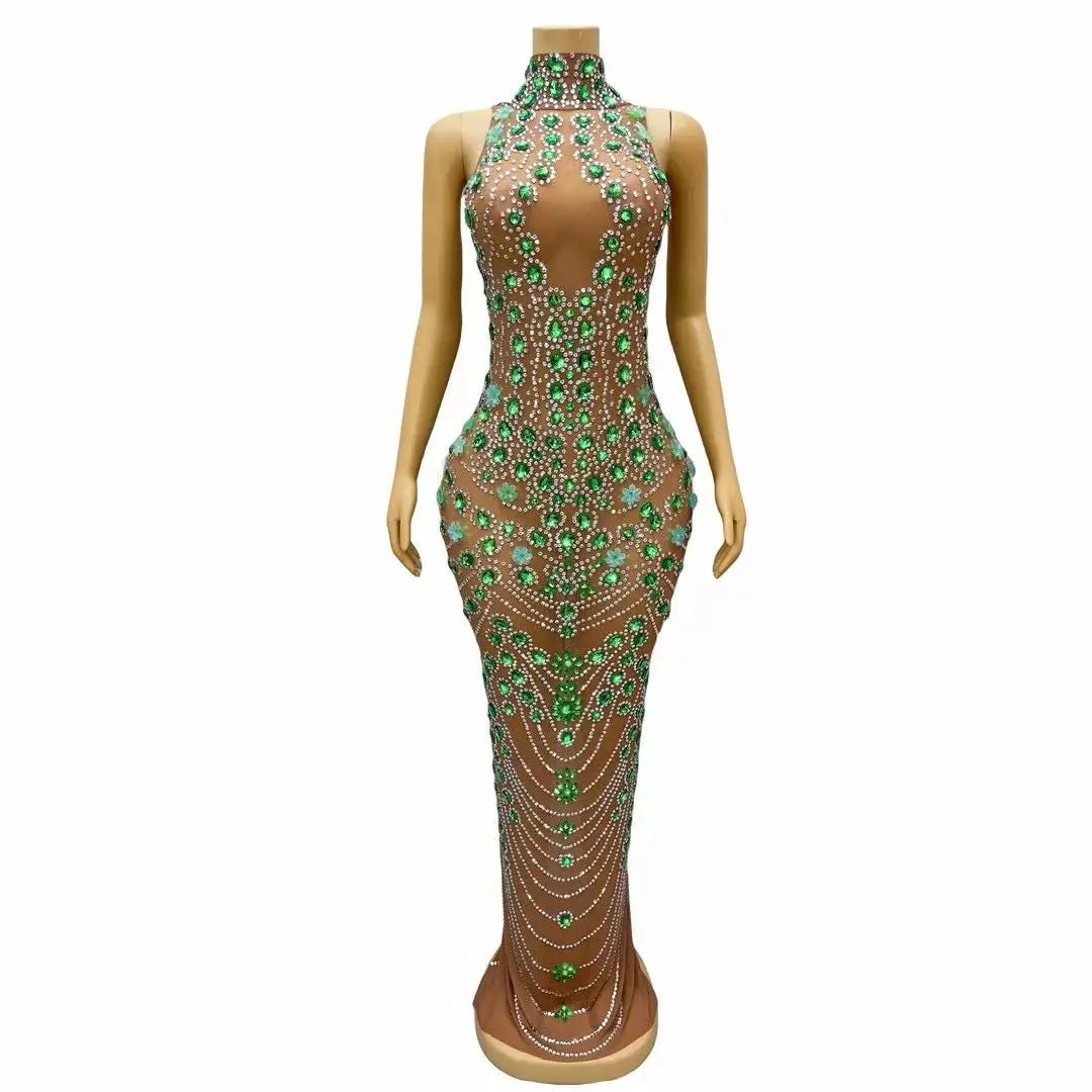 Silver Green Rhinestones Flower Backless Dress