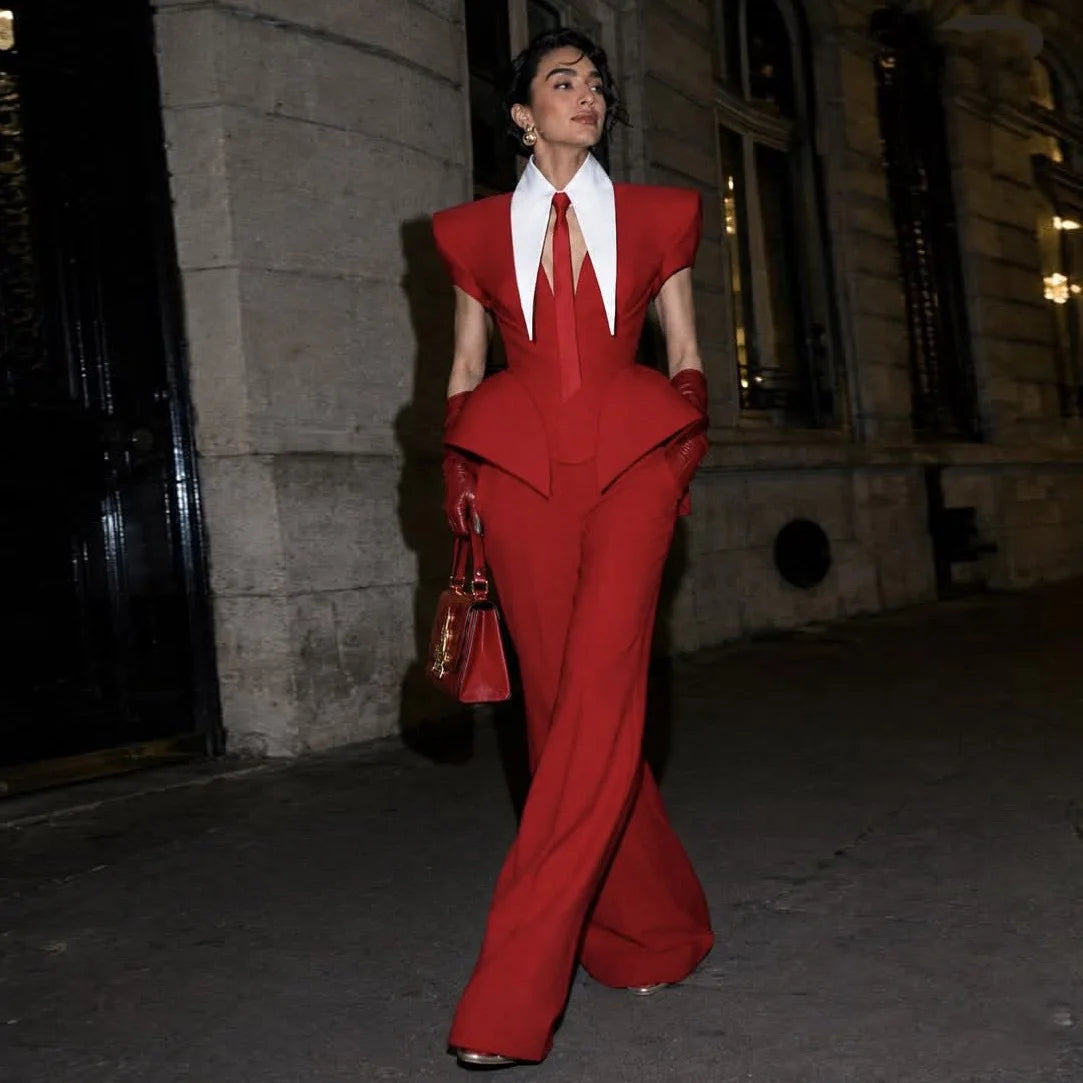 New Couture 2 Pieces Prom Dresses Long Pants No Tie Prom Gowns with Sleeve Peplum Custom Made Red Party Dress Photography