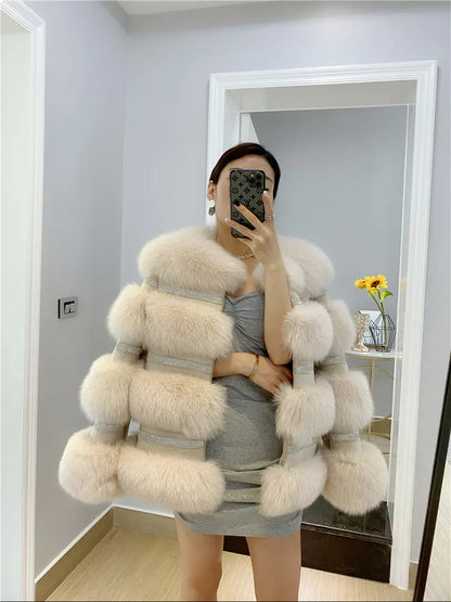Fox Fur Coat Female Winter Diamond Beading Fox Fur Parkas With Sheep Leather Jacket