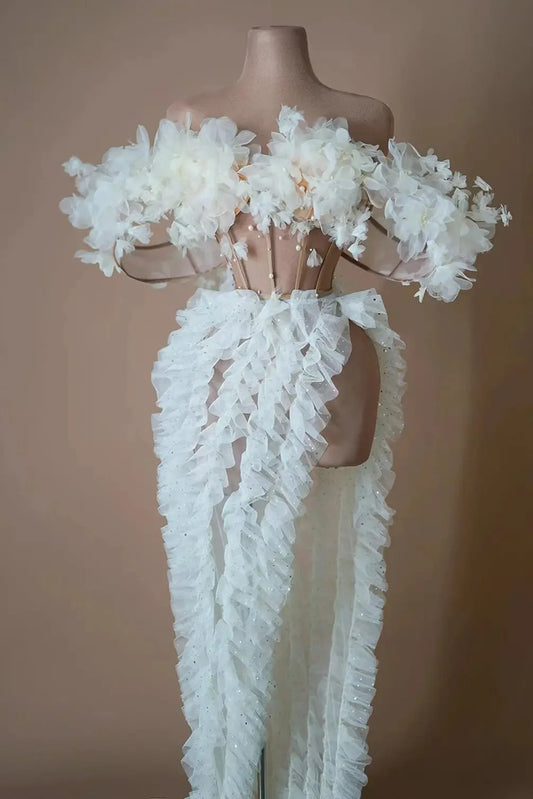 Two-piece floral dress sequin white sexy lace Top and skirt set