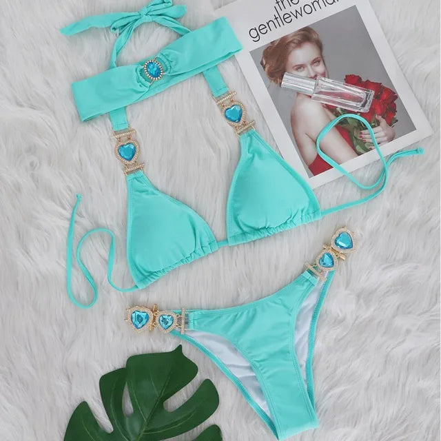 Halter tie rhinestone embellished heart Bikini