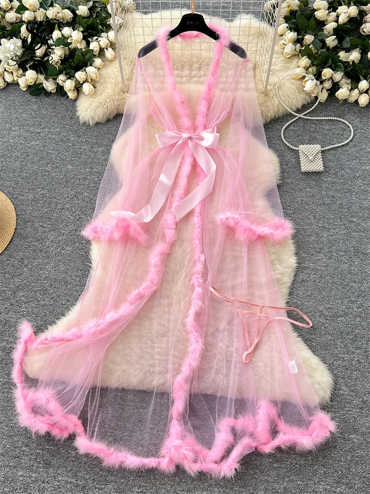 SINGREINY Transparent Gauze Spliced Wool Long Robes Sleepwear