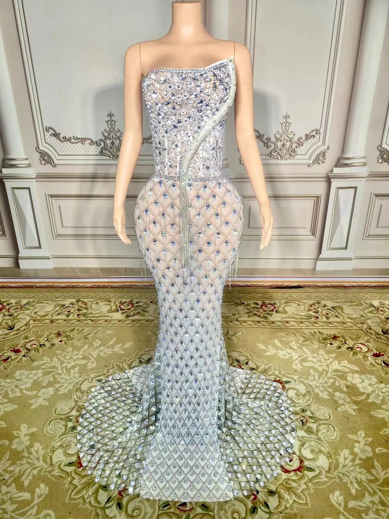 Women's Rhinestones crystals embellished snake décor Floor-length night evening gown party Dress