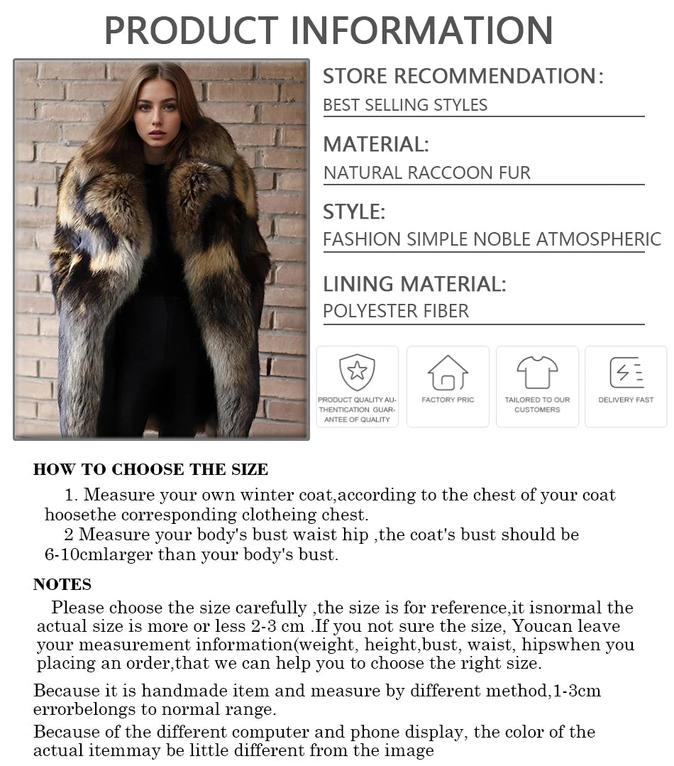 Real Raccoon Fur Coat With English Collar Natural Full Skin Coats
