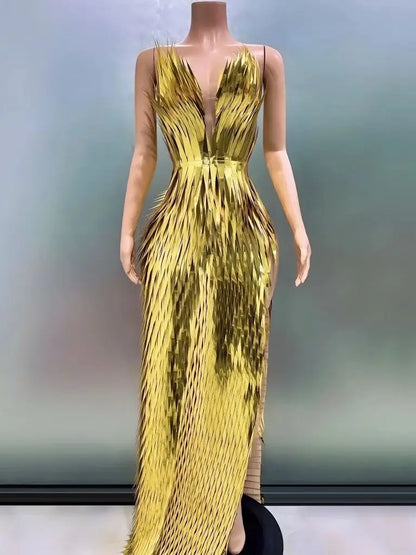 Sparkly Gold Sequined Sexy Strapless Slit
