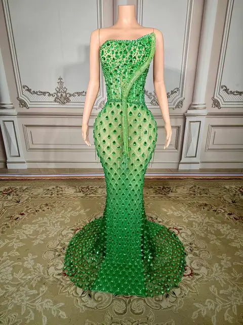 Women's Rhinestones crystals embellished snake décor Floor-length night evening gown party Dress