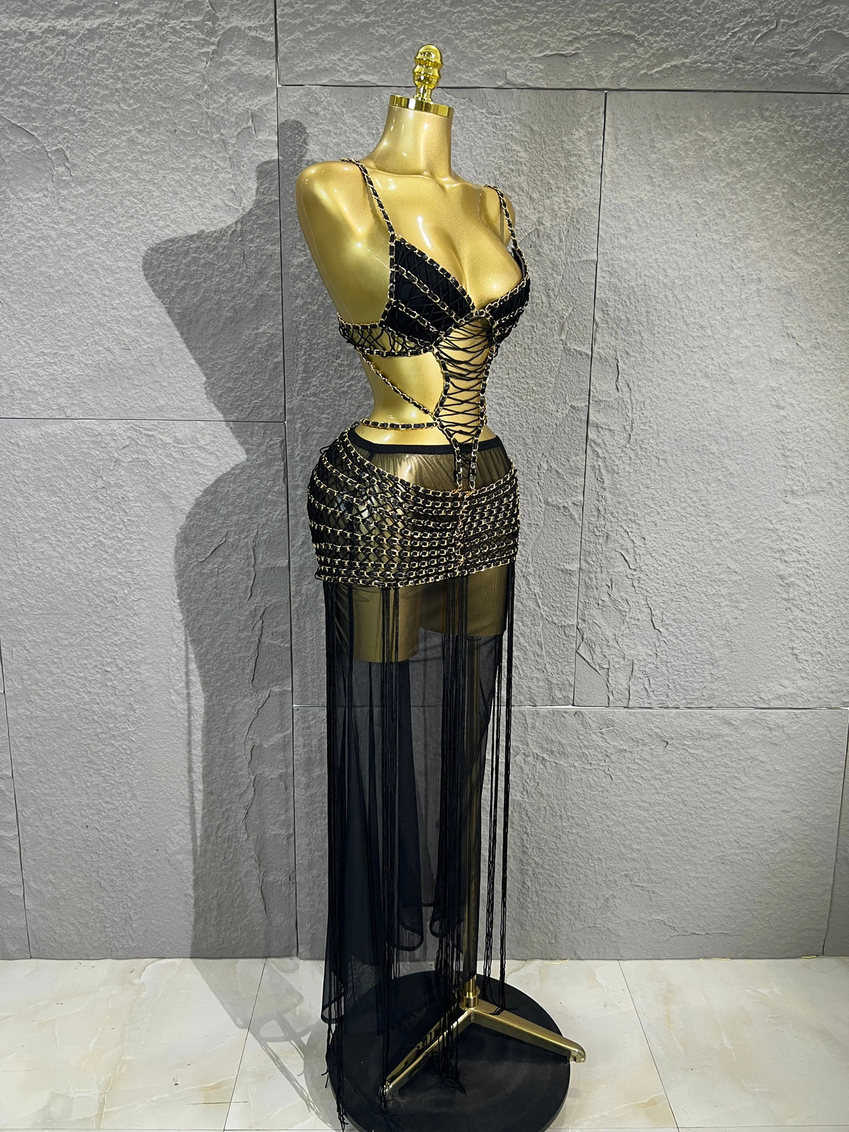 Women Black Chain Tassel Mesh Two Piece