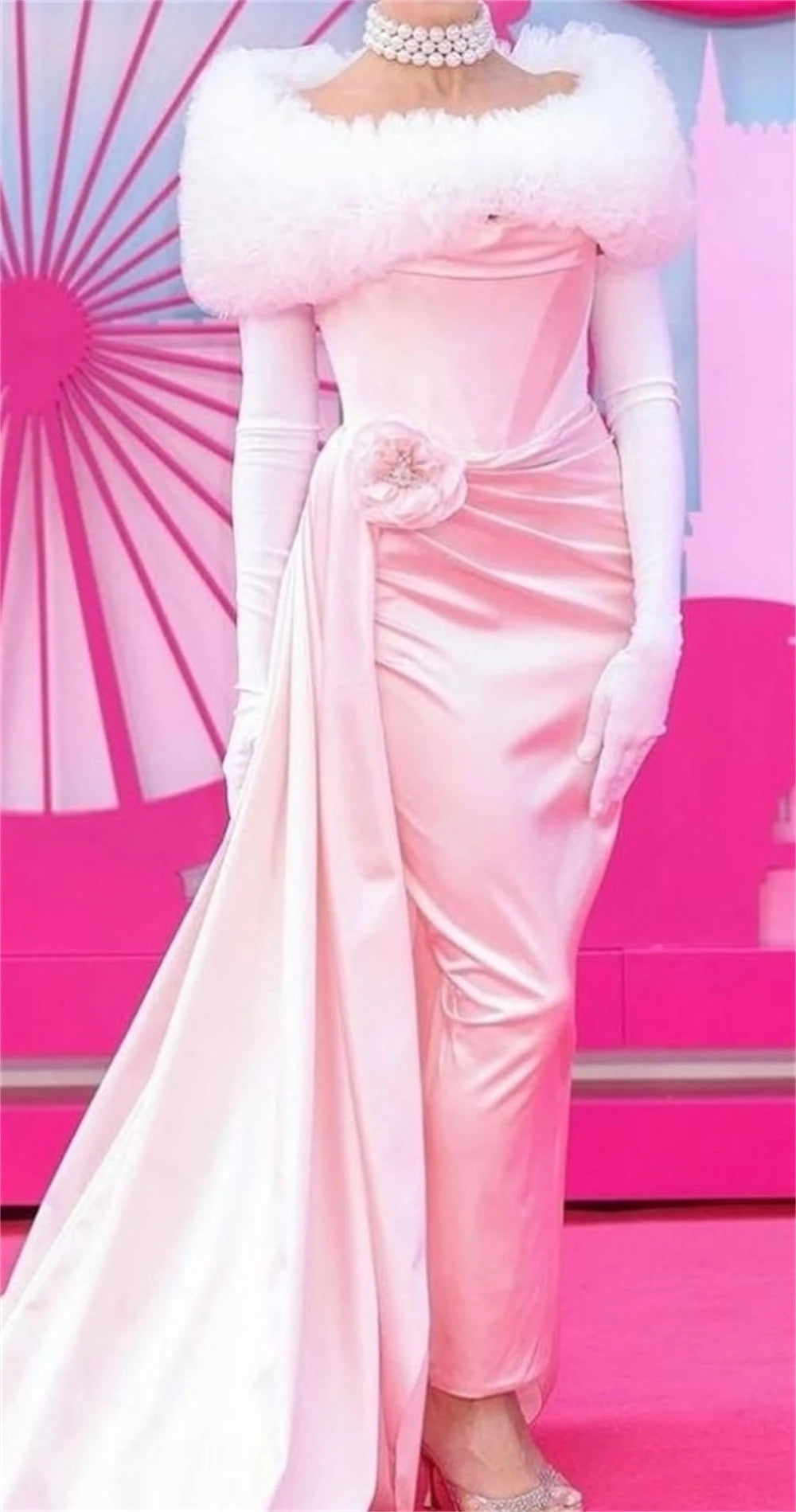 Barbie fur trim pleated Satin Sheath Cocktail Gown Dress Barbie fur trim pleated Satin Sheath Cocktail Gown Dress