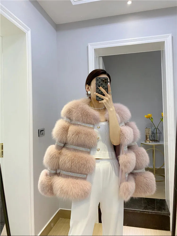 Fox Fur Coat Female Winter Diamond Beading Fox Fur Parkas With Sheep Leather Jacket
