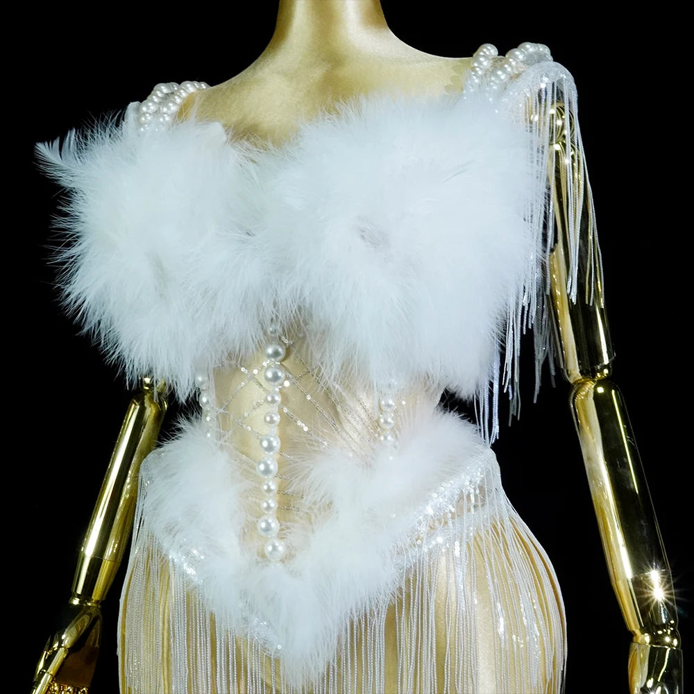 White Feather Stage Pearl Lingeries Set