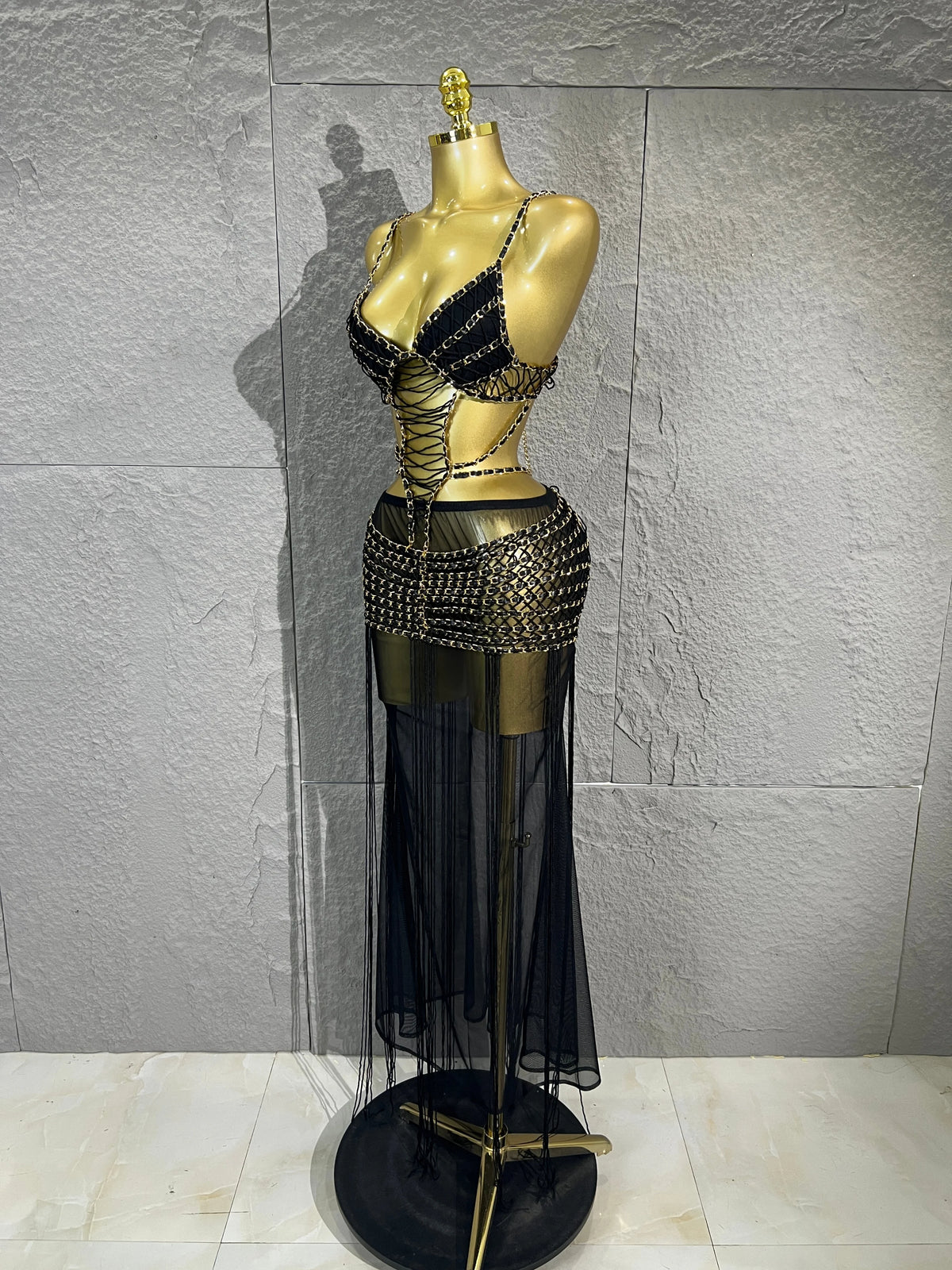 Women Black Chain Tassel Mesh Two Piece