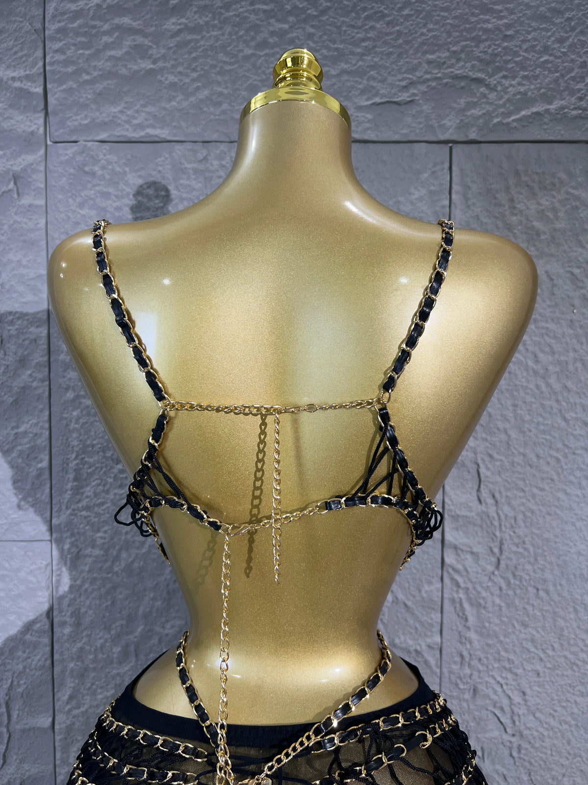 Women Black Chain Tassel Mesh Two Piece