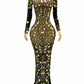 See Through mesh Golden glass embellished evening gown Dress